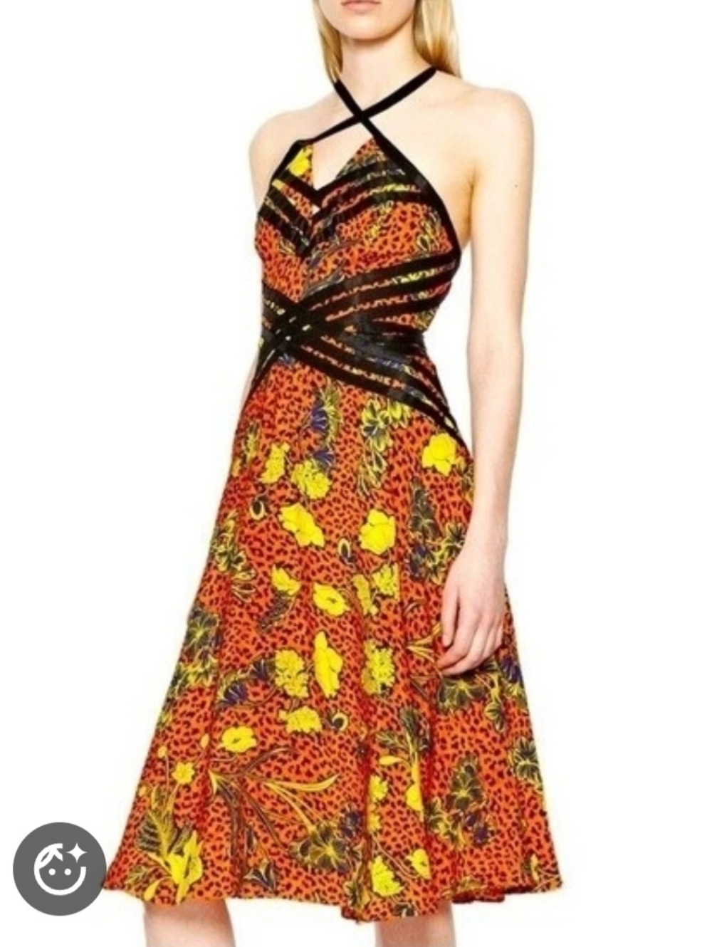 French Connextion Halter Dress with Black and Orange Pattern